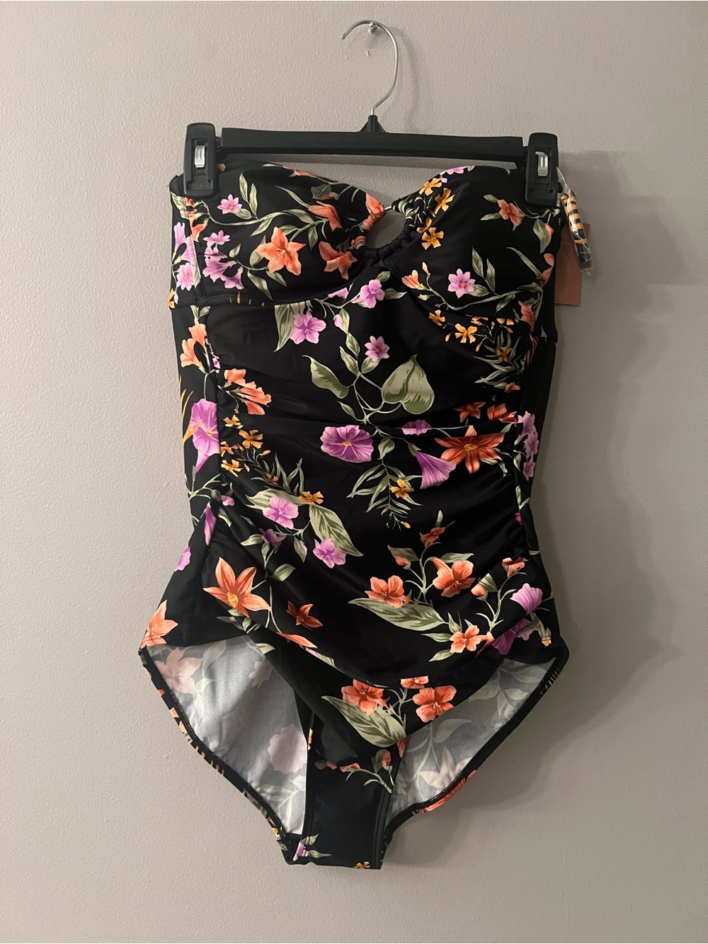 Shade & Shore Black Floral One-Piece Swimsuit with Orange and Pink Flowers